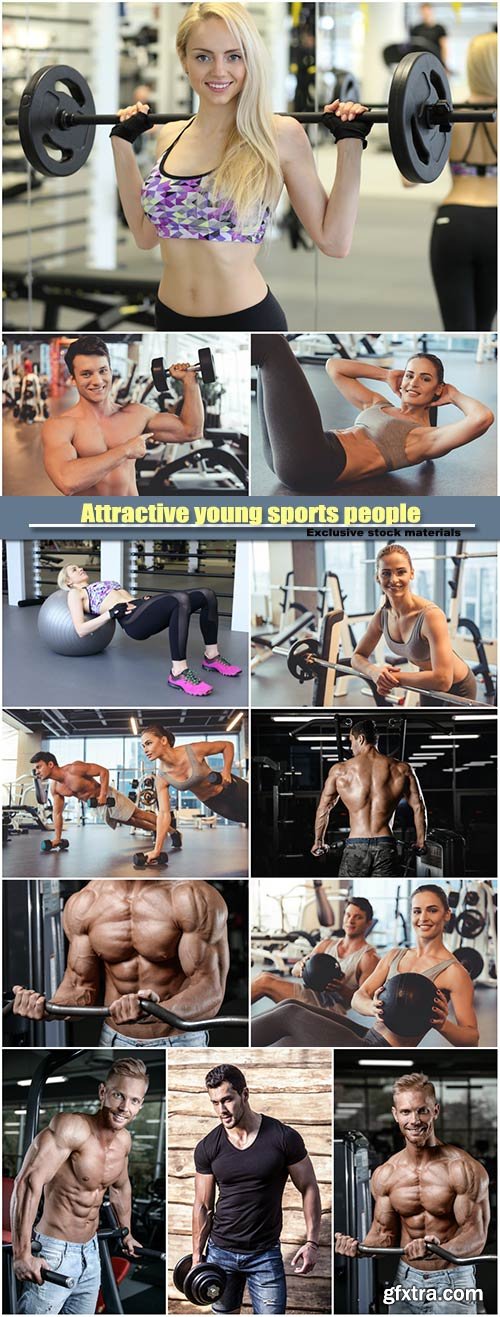 Attractive young sports people are working out with dumbbells in gym