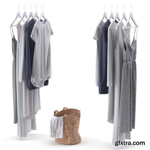 Clothes on hangers and a laundry basket with linens 3D model