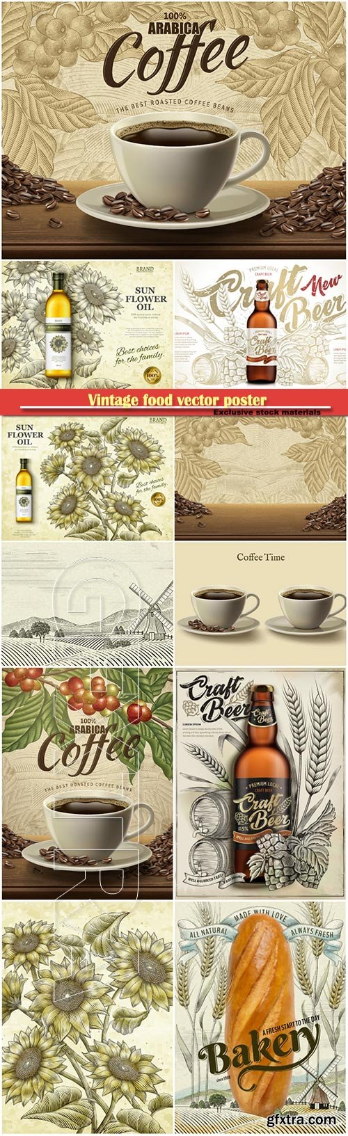 Vintage food vector poster, coffee, bakery, oil, beer