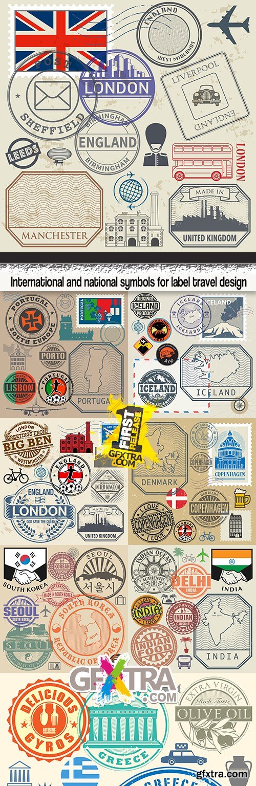 International and national symbols for label travel design