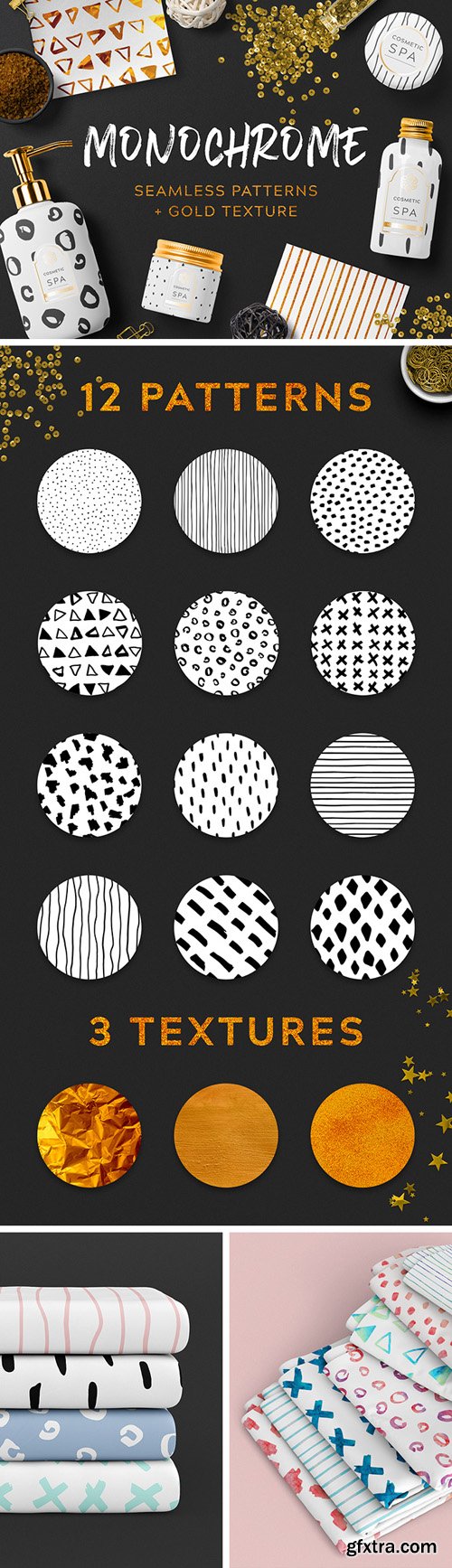12 Monochrome Seamless Patterns + Gold Textures