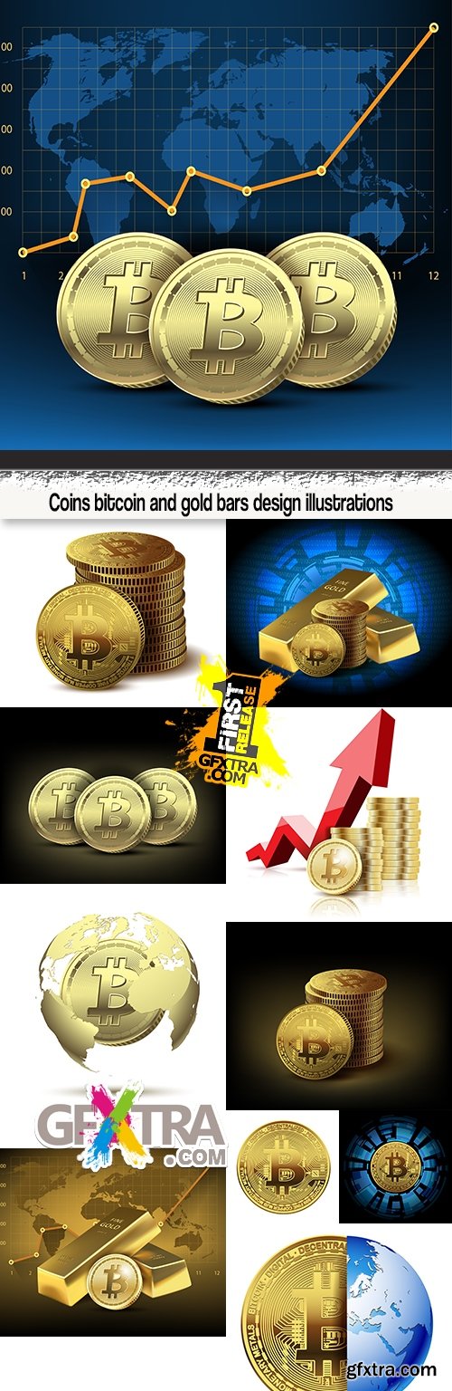 Coins bitcoin and gold bars design illustrations