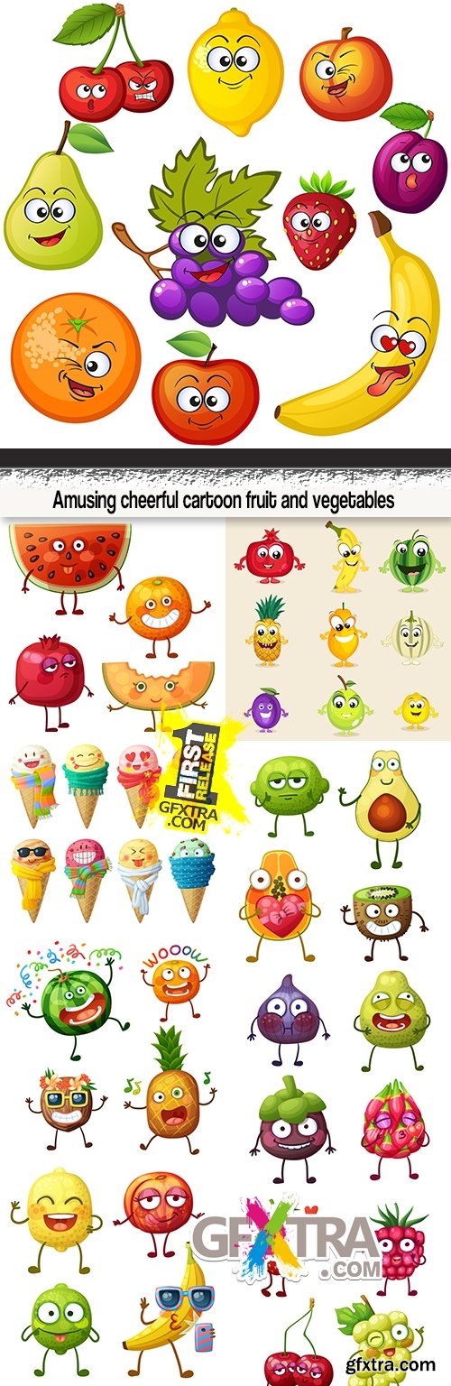 Amusing cheerful cartoon fruit and vegetables
