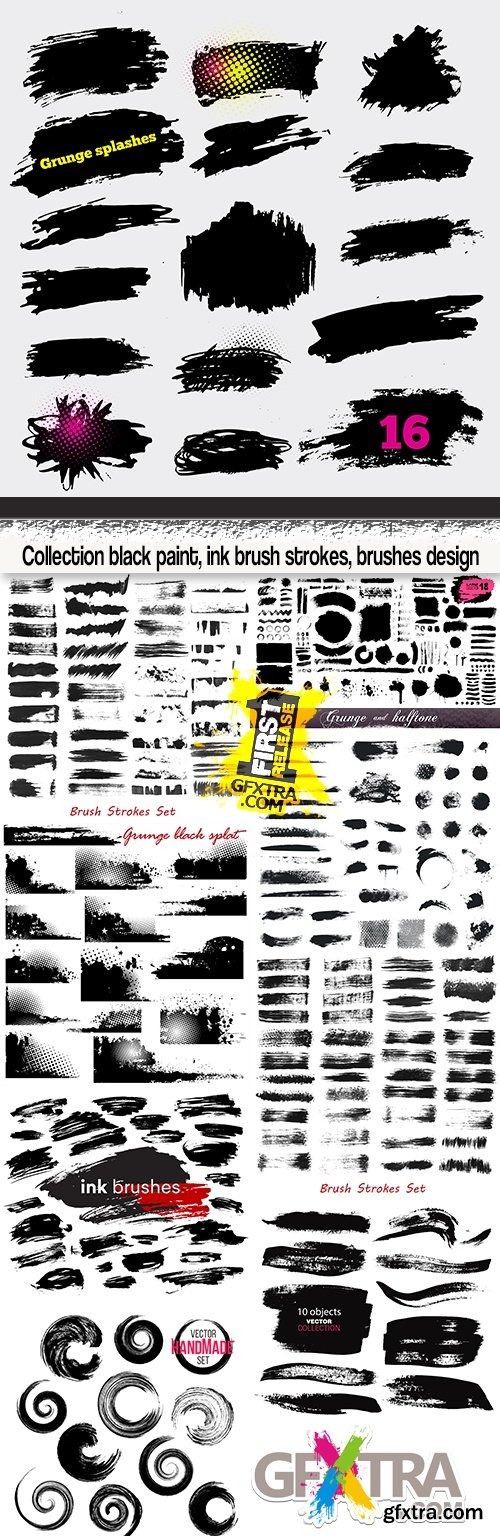 Collection black paint, ink brush strokes, brushes design