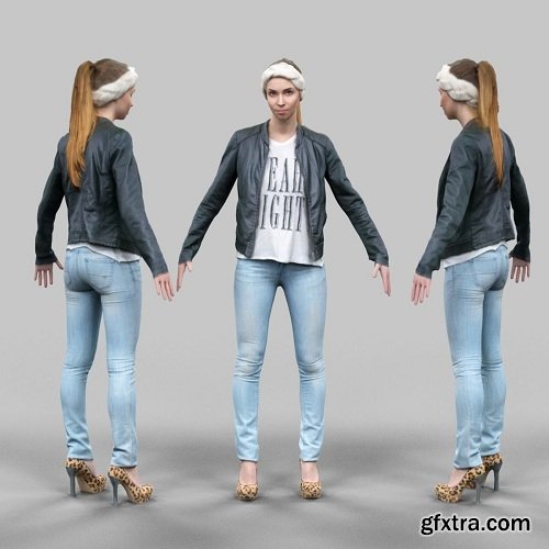 Cute girl in jeans leather jacket and bandana A-Pose VR / AR / low-poly 3D model