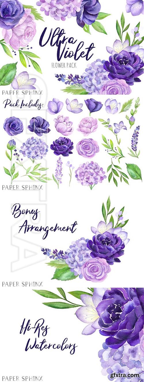 CreativeMarket - Watercolor Purple Flowers 2314667