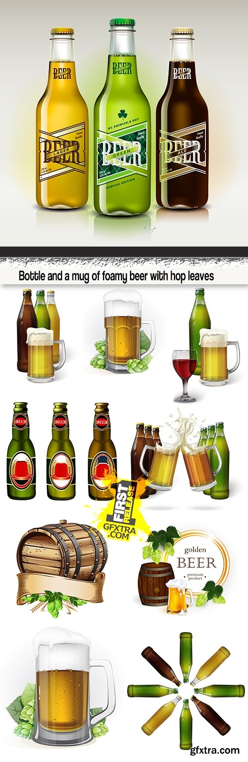 Bottle and a mug of foamy beer with hop leaves