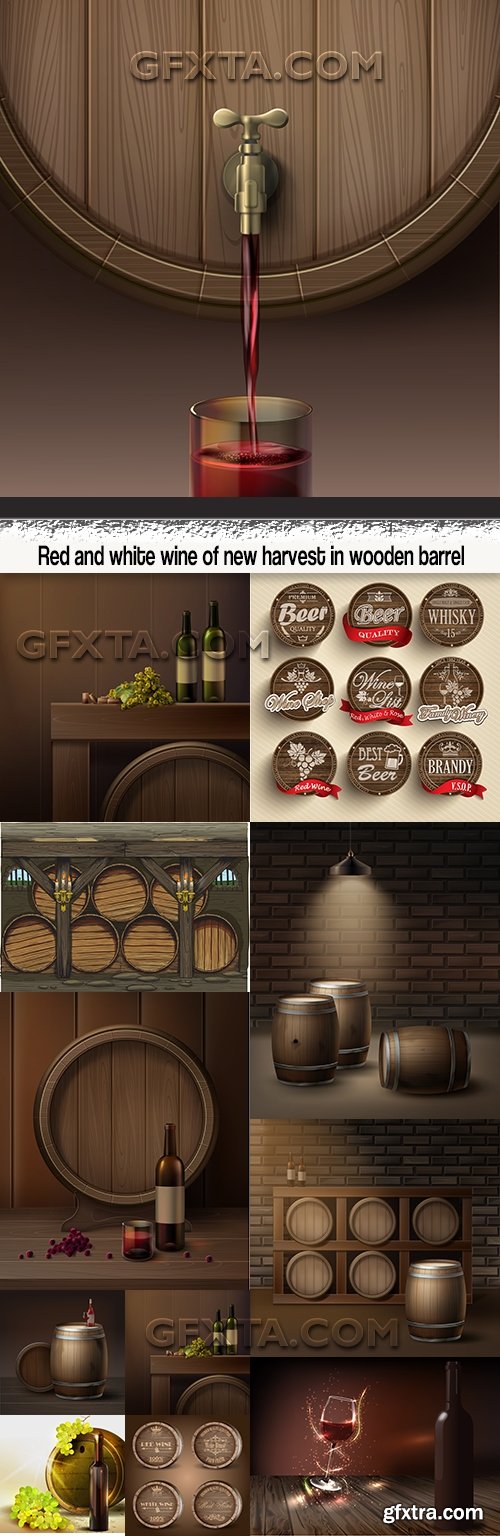 Red and white wine of new harvest in wooden barrel