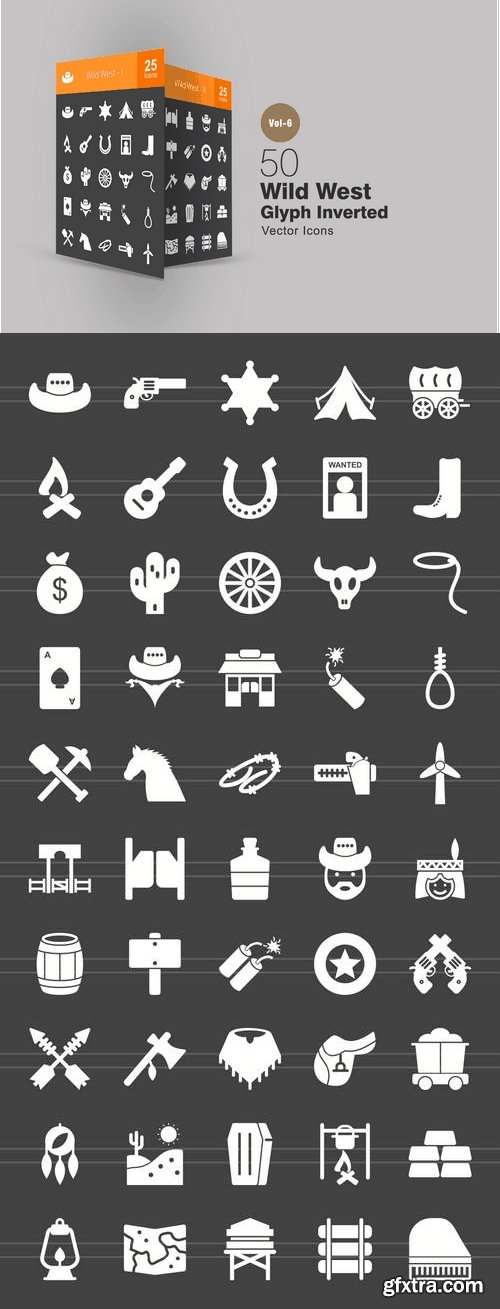 50 Wild West Glyph Inverted Icons