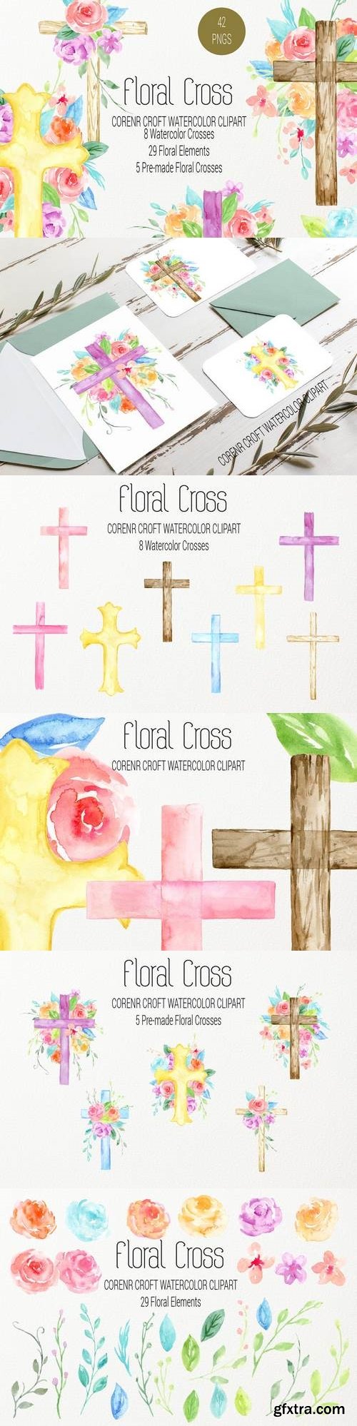 Watercolor clipart floral cross