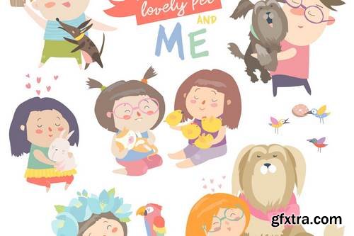 Set of characters. Children with pets. Vector