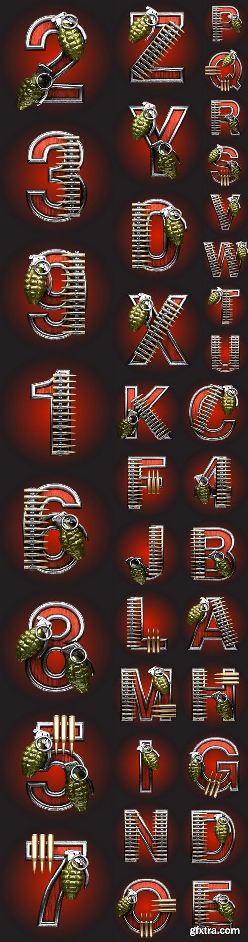 Alphabet letter with an illustration of bullets and grenades bomb 36 EPS