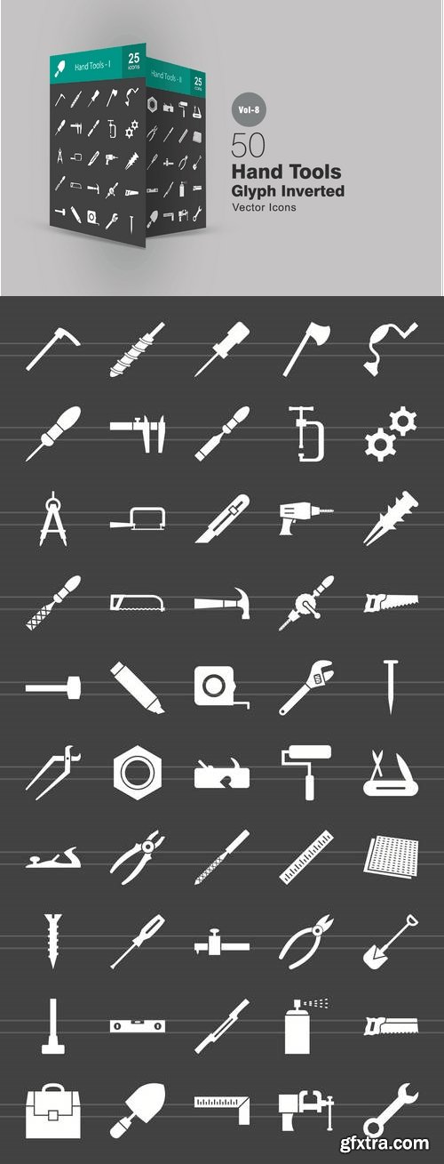 50 Hand Tools Glyph Inverted Icons