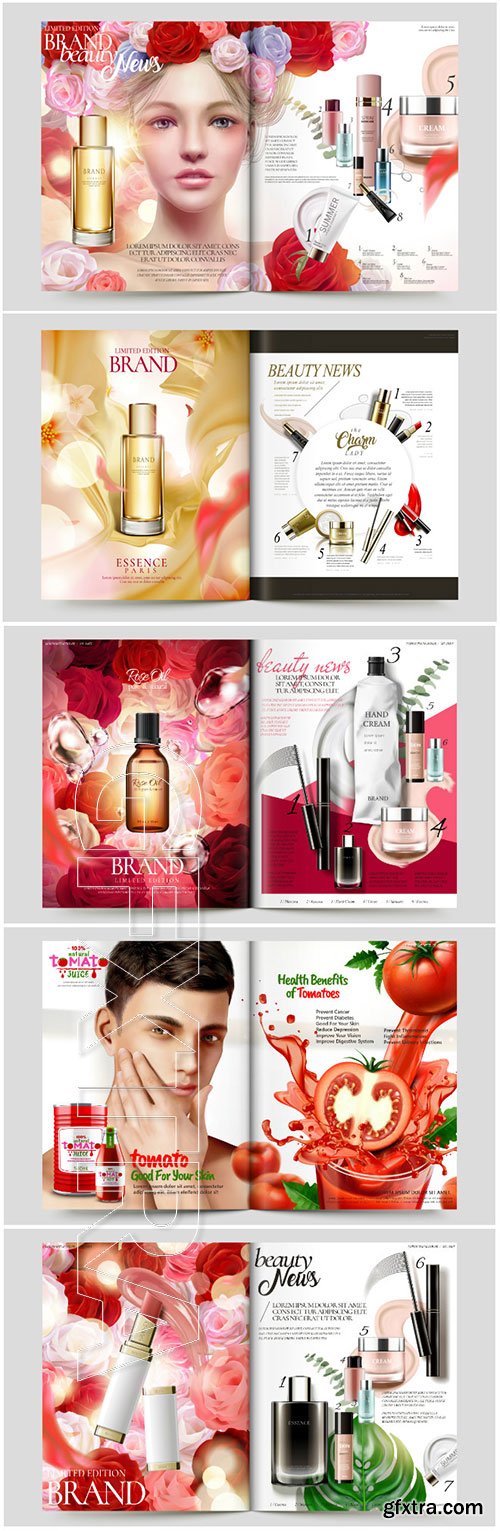 Cosmetic magazine vector template, attractive model with product containers in 3d illustration