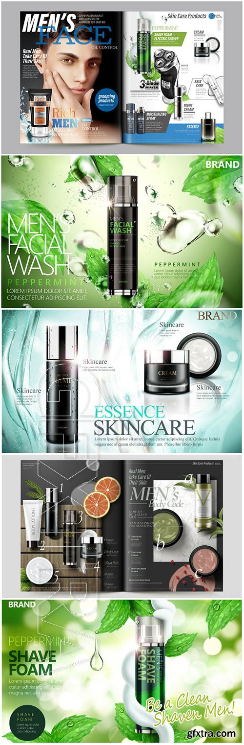 Cosmetic magazine vector template, attractive model with product containers in 3d illustration # 3