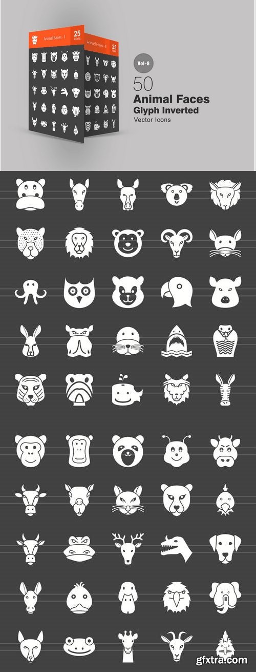 50 Animal Faces Glyph Inverted Icons