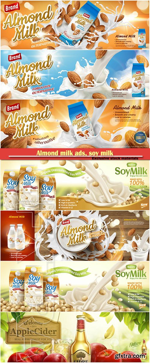 Almond milk ads, soy milk pouring down on beans, splashing milk in 3d illustration