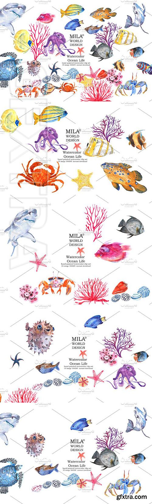CreativeMarket - Watercolor Ocean Life Clipart 2390285