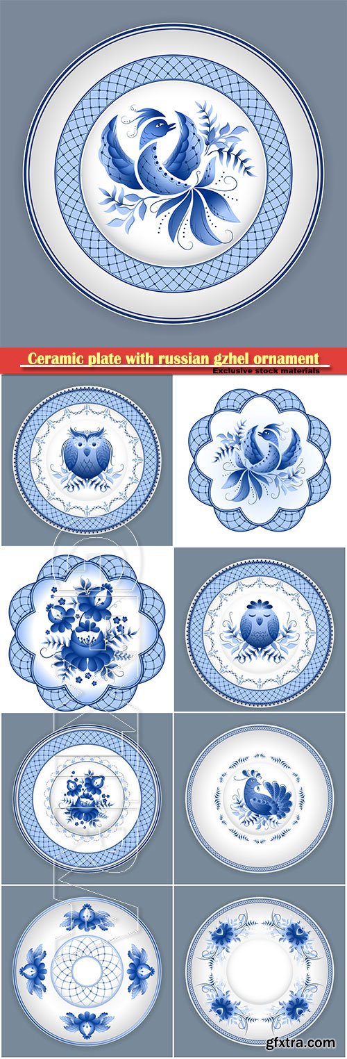 Ceramic plate with classic russian gzhel floral ornament and chicken