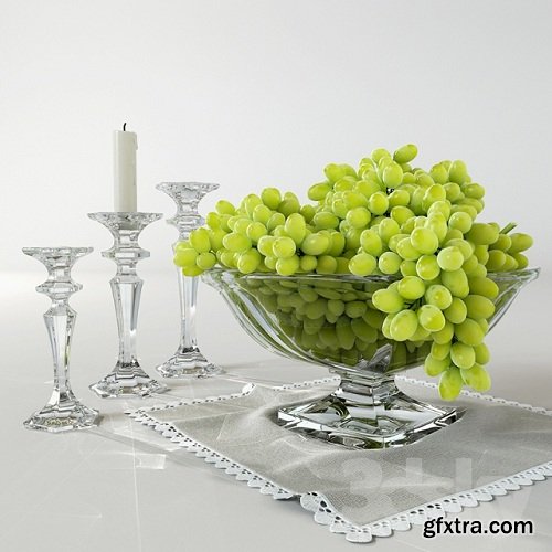Grapes in Vase & Candles 3d Model