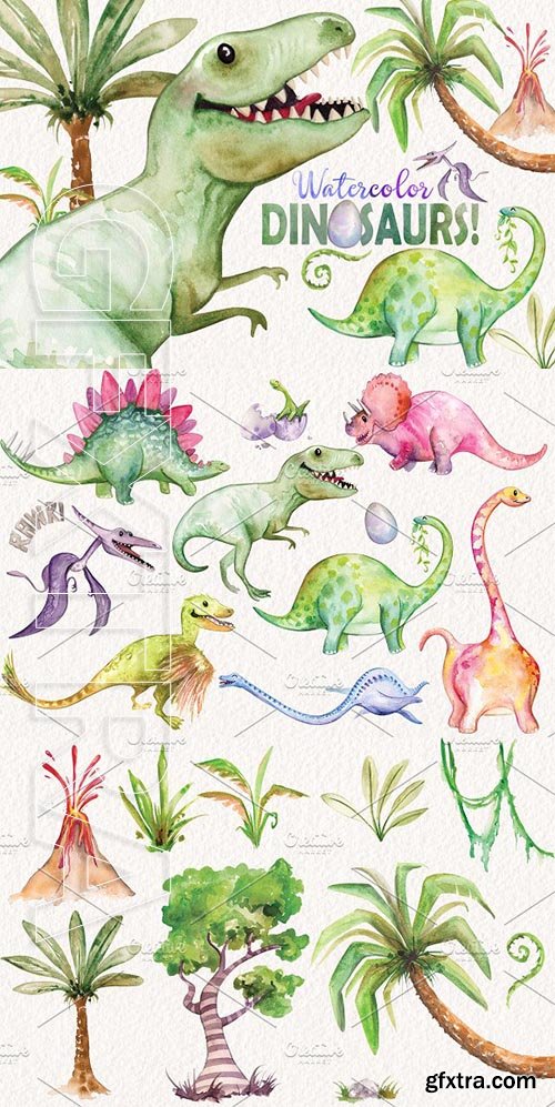 CreativeMarket - Watercolor Dinosaurs Elements 2444936