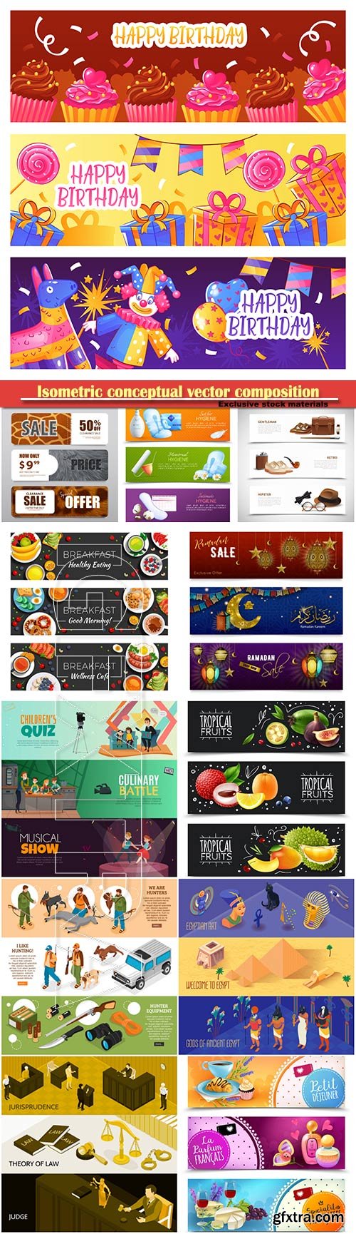 Isometric conceptual vector composition, infographics template, horizontal banners set