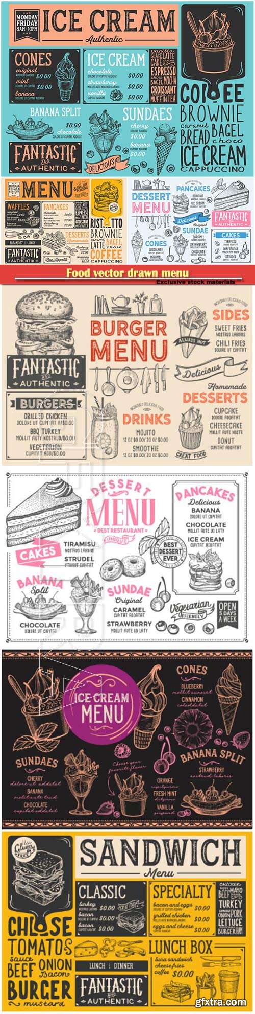 Food vector drawn menu, fast food, ice cream, cocktails, desserts