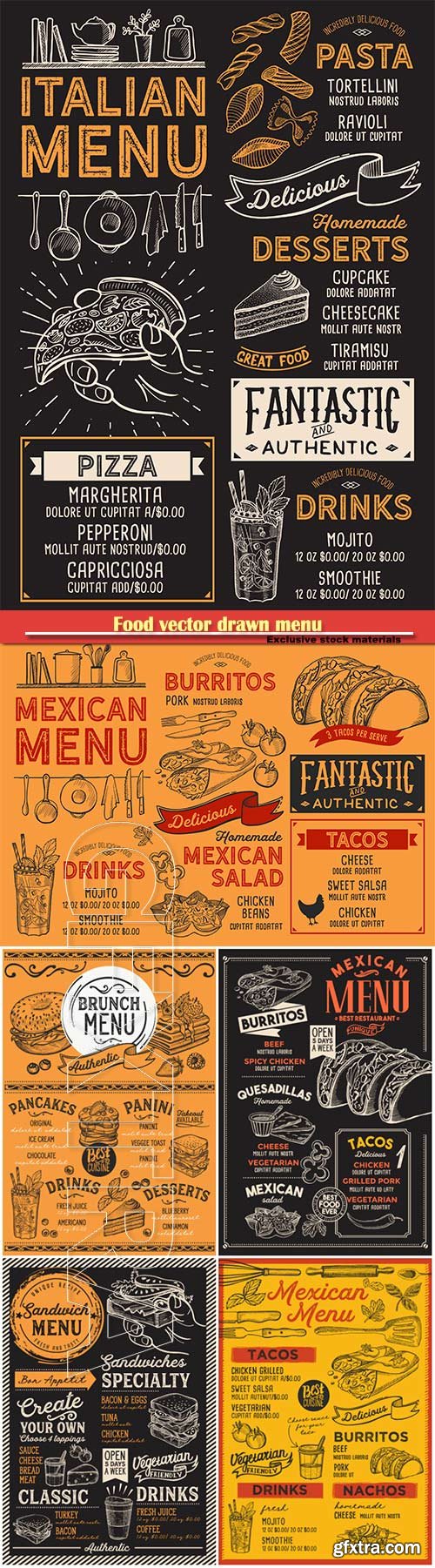 Food vector drawn menu, fast food, ice cream, cocktails, desserts, mexican food