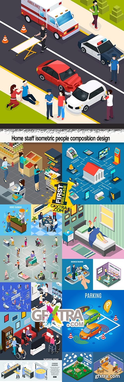 Home staff isometric people composition design