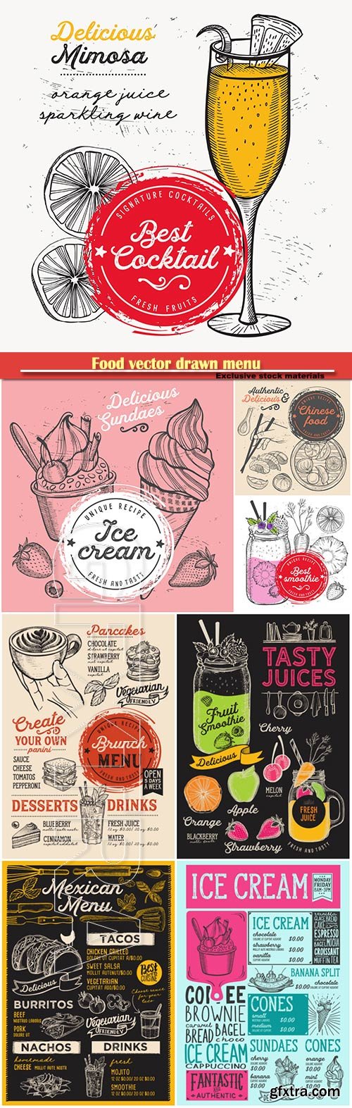 Food vector drawn menu, fast food, ice cream, desserts, mexican food