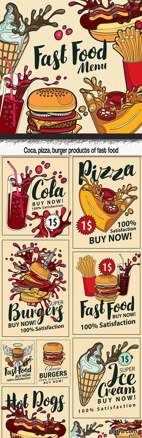 Coca, pizza, burger products of fast food