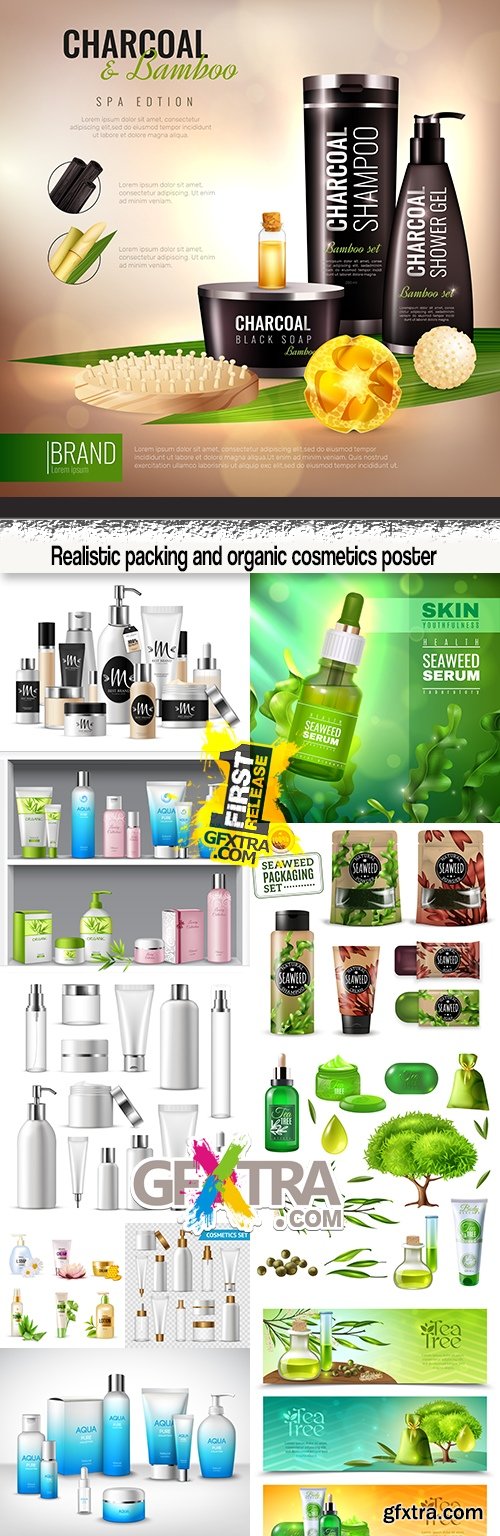 Realistic packing and organic cosmetics poster