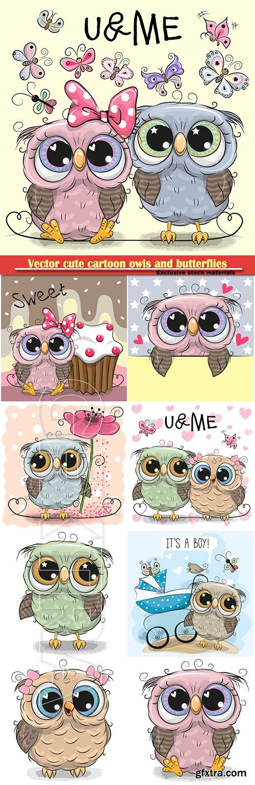 Vector cute cartoon owls and butterflies