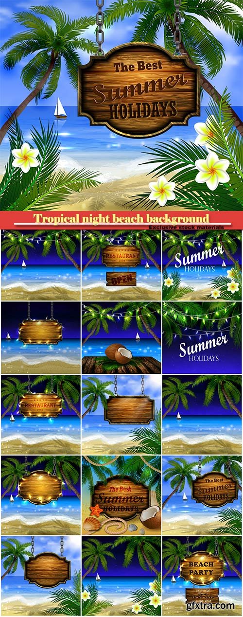Vector summer wooden sign on tropical night beach background