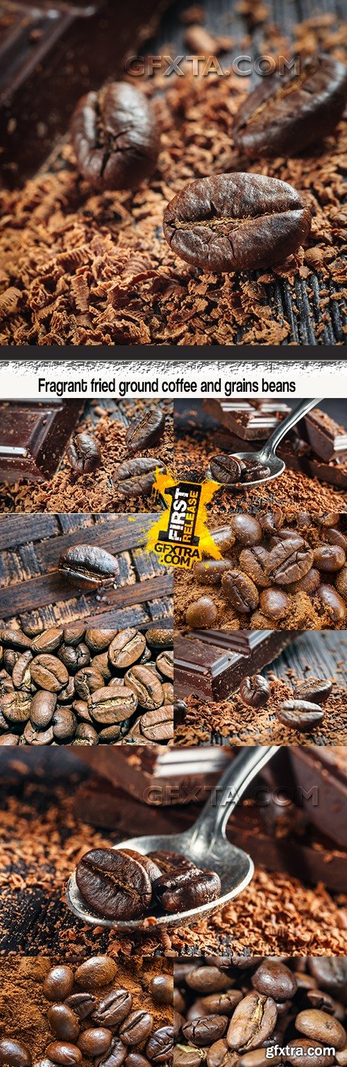 Fragrant fried ground coffee and grains beans