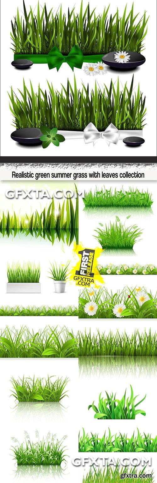 Realistic green summer grass with leaves collection
