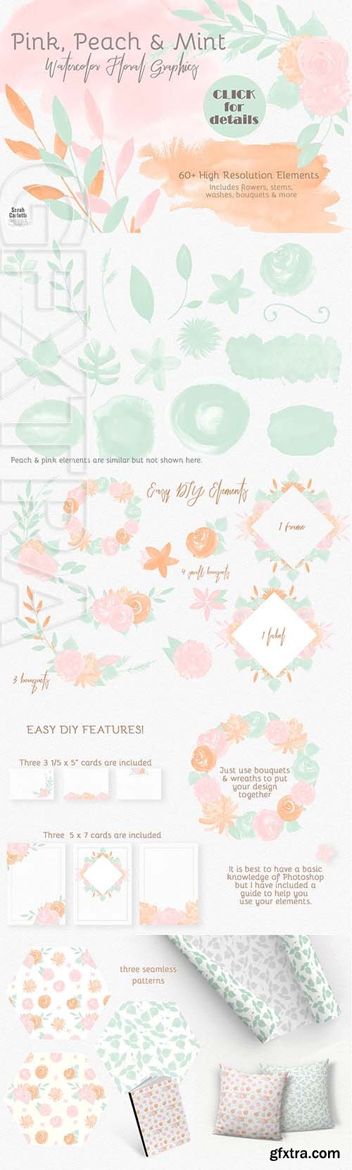 CreativeMarket - Pink Watercolor Washes and Flowers 2608731