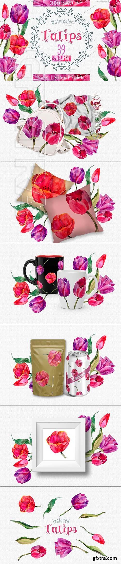 CreativeMarket - Tulips PNG watercolor flower set 2392711