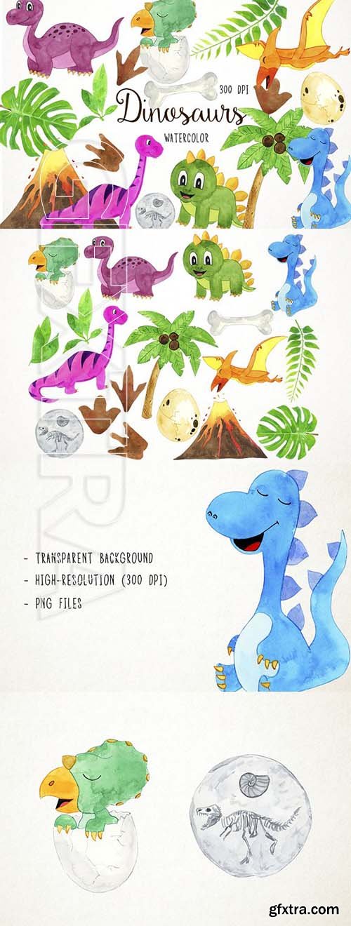 CreativeMarket - Watercolor Dinosaurs Clipart 2582233