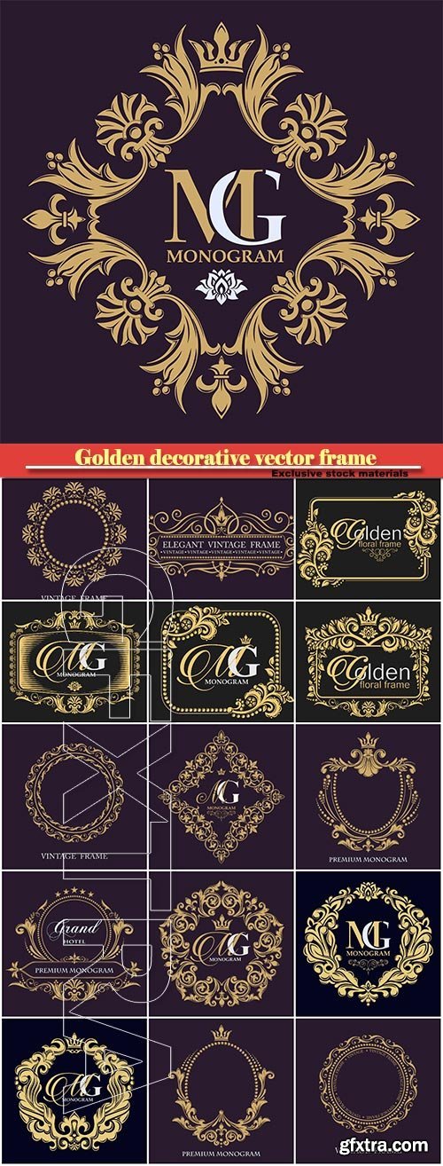 Golden decorative vector frame, calligraphic ornament, geraldic symbols