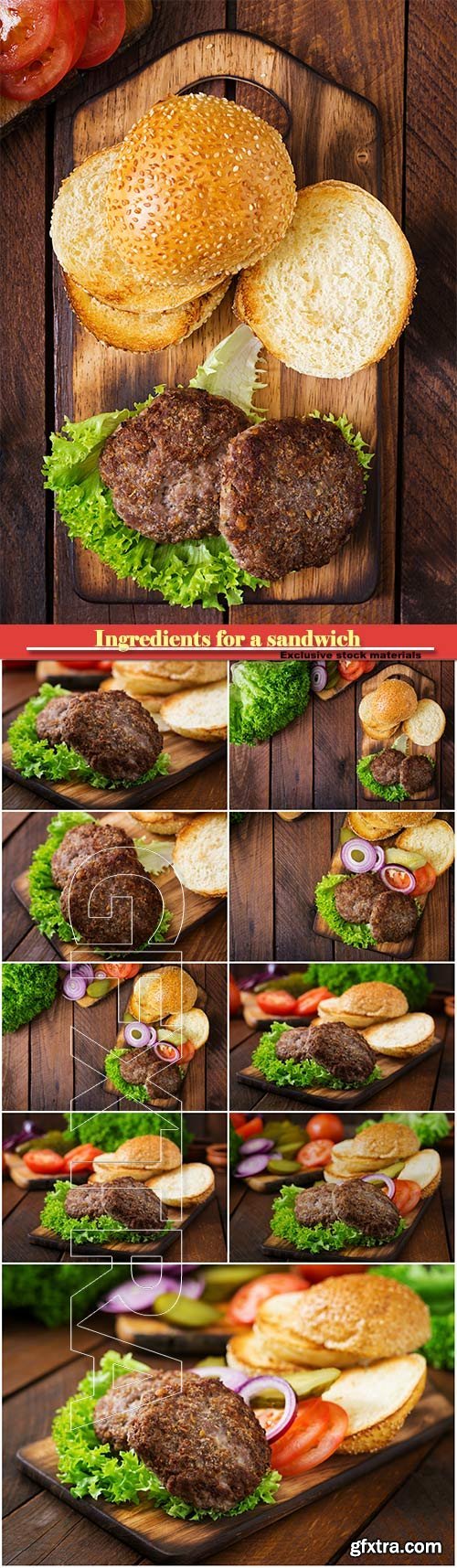 Ingredients for a sandwich - hamburger burger with beef, pickles, tomato and red onion on wooden background