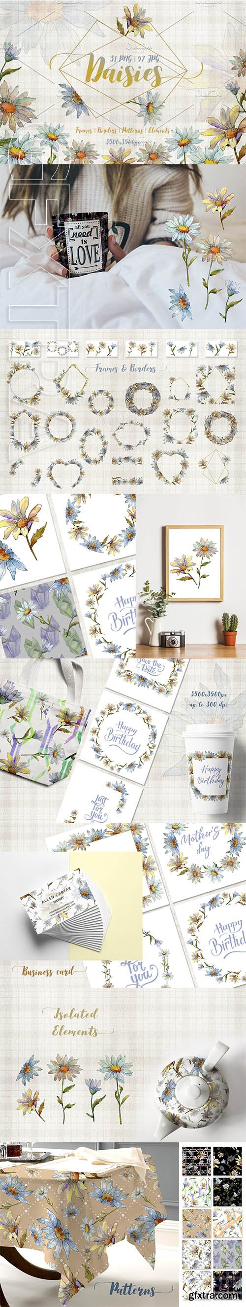 Cool white chamomile PNG watercolor set
