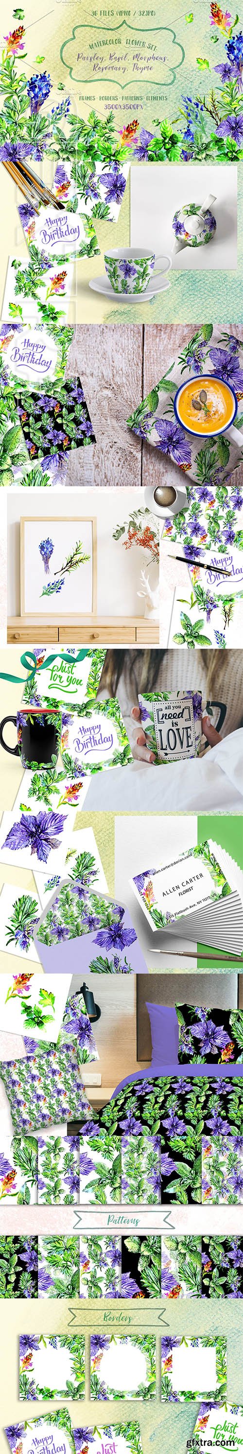Designbundles - Bouquet of herbs PNG watercolor set