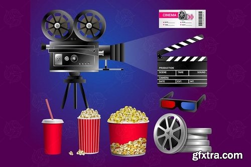 Set of cinema objects - vector realistic clip art