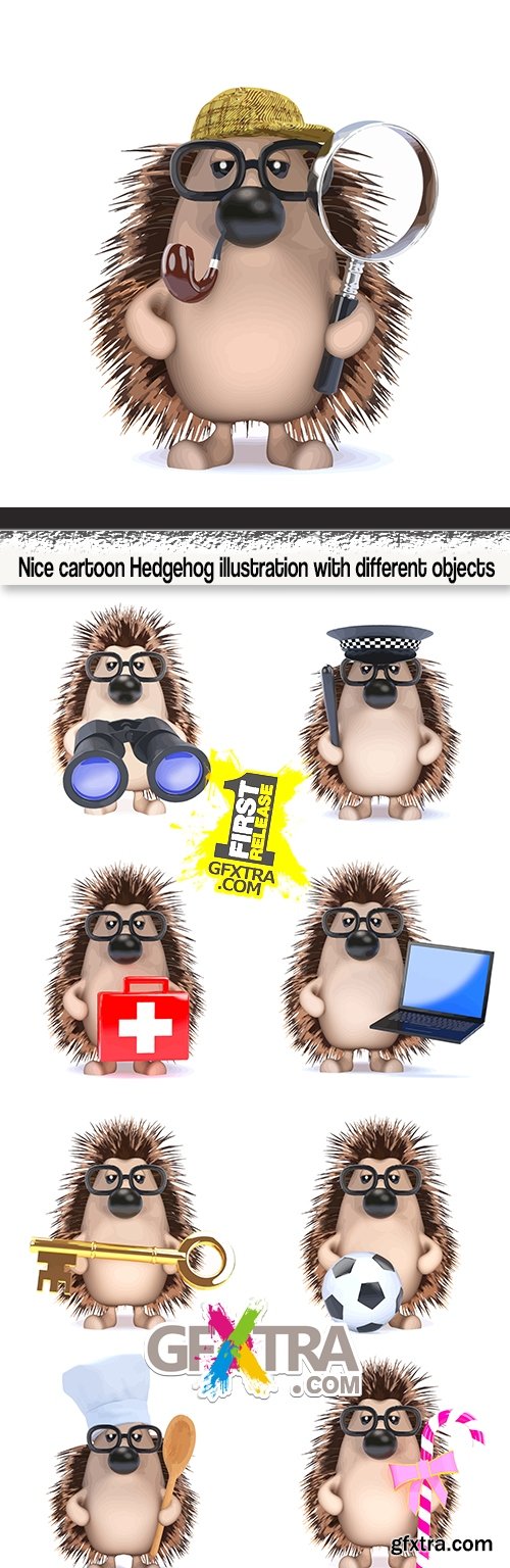 Nice cartoon Hedgehog illustration with different objects