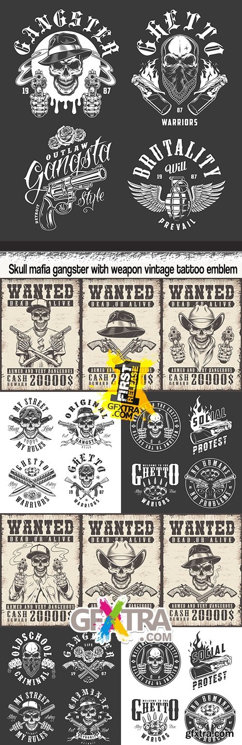 Skull mafia gangster with weapon vintage tattoo emblem