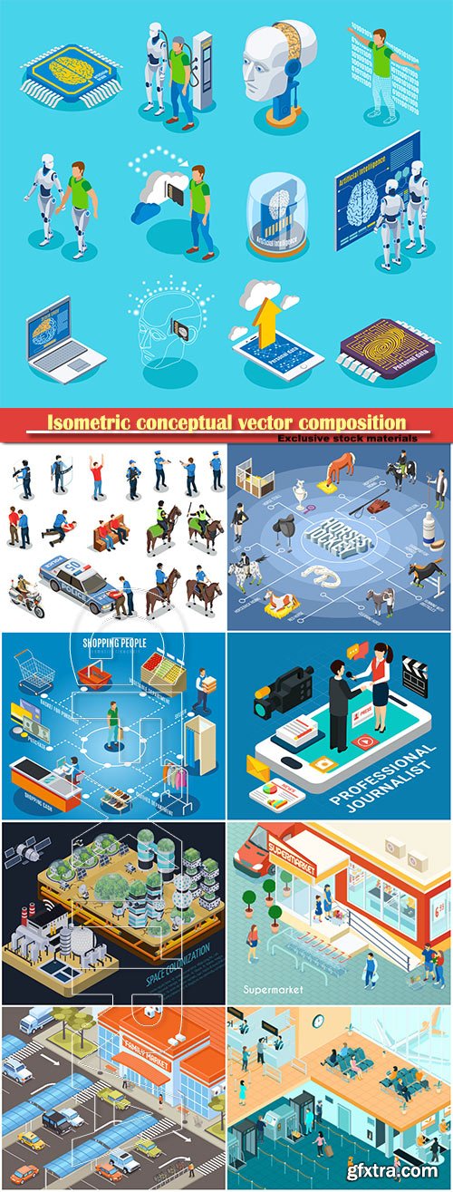 Isometric conceptual vector composition, infographics template, horizontal banners set # 15