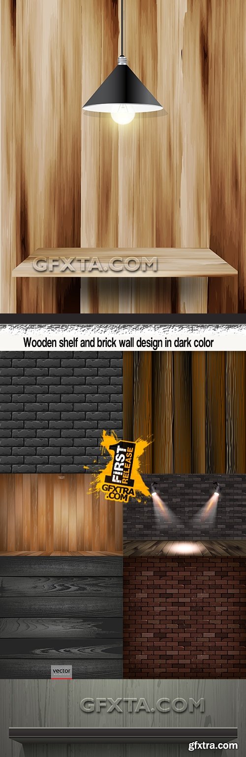 Wooden shelf and brick wall design in dark color