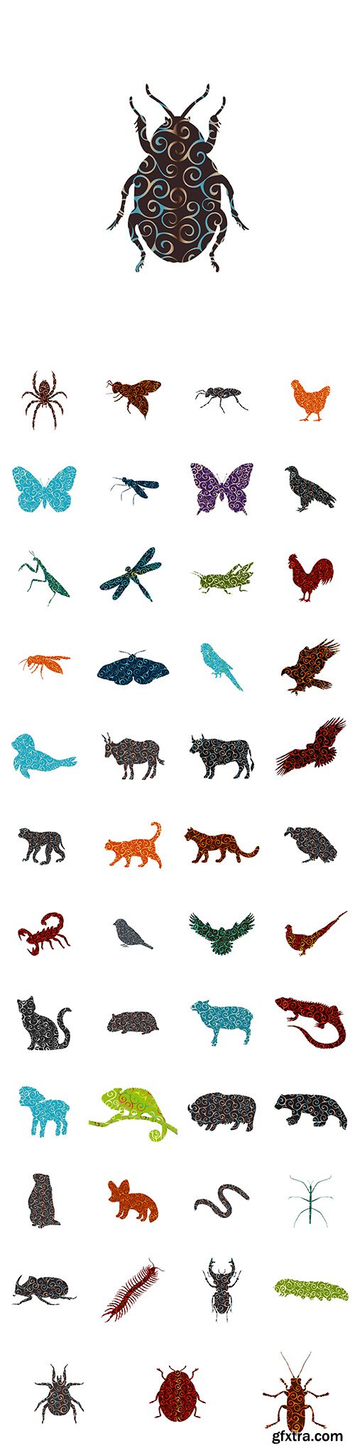 Vector Set - Spiral pattern color silhouette animal