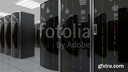 3d animation of a slowly movement through the server room in world wide cloud dataceneter